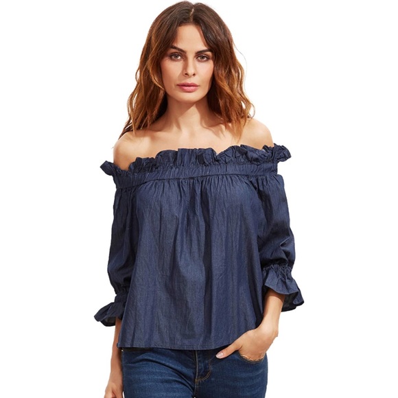 Tops - Denim Chambray Off Shoulder Ruffled 3/4 Sleeve Top